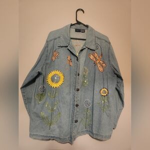 Embroidered Denim Jacket with Floral and Butterfly Design Sz 1X